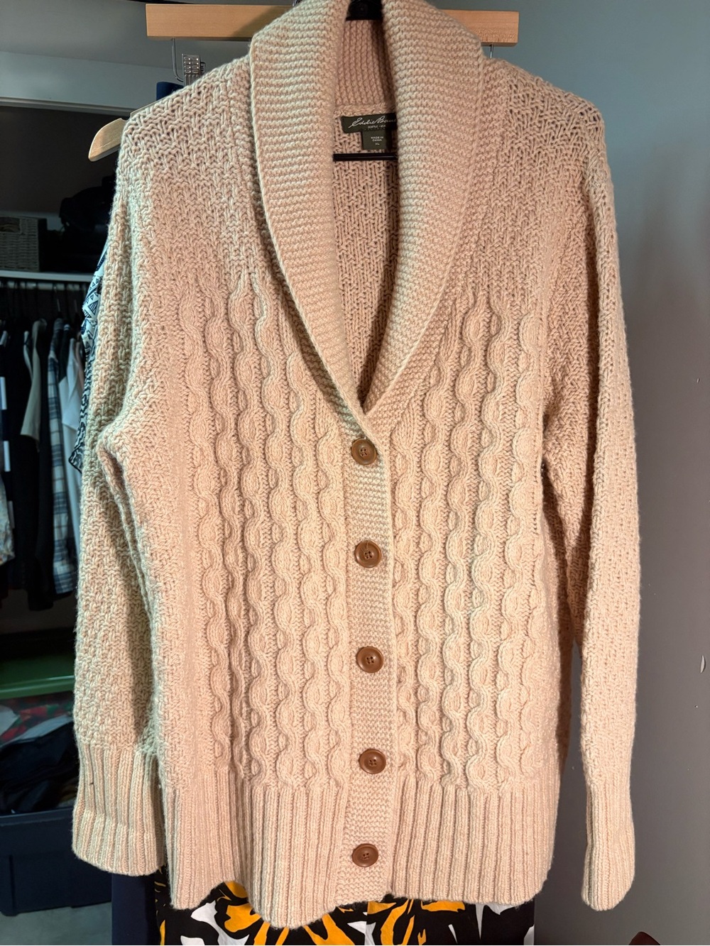 252. Cable Knit Shawl Collar Cardigan Sweater - Beige